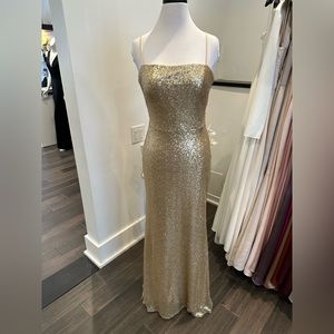 Theia matte gold sequin open back gown